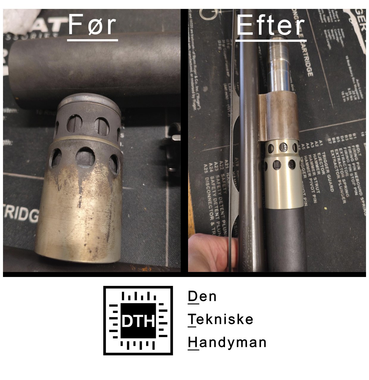 Halvautomatisk haglgev�r f�r og efter rensning af del